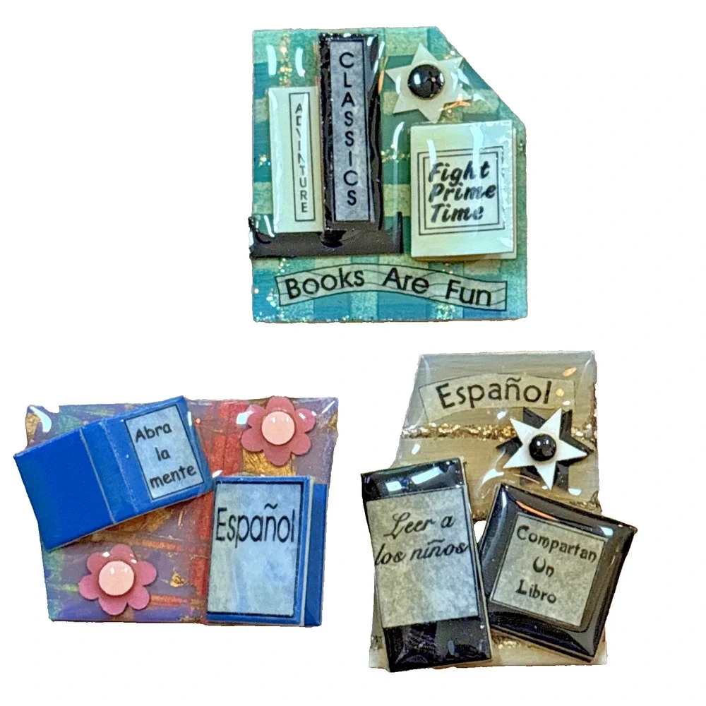 Book Pins by Lucinda (3) Brooch Pin Espanol Bookstore Home Friends Collectible